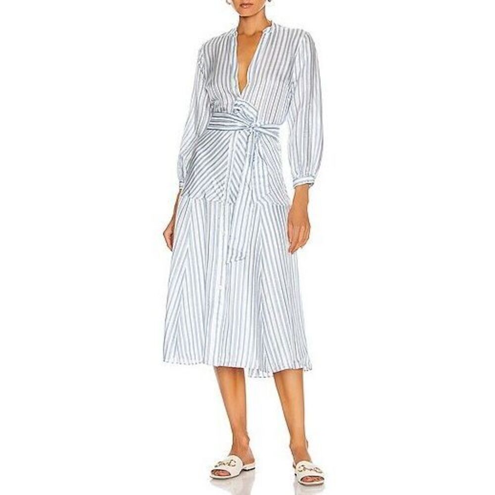 Veronica Beard White and Light Blue Striped Midi Wrap Shirt Dress